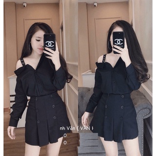 Chân váy+ áo sơ mi  tay dài hàng cực đẹp, vải mềm mịn, chân váy có nút rất sành điệu  Dx01213