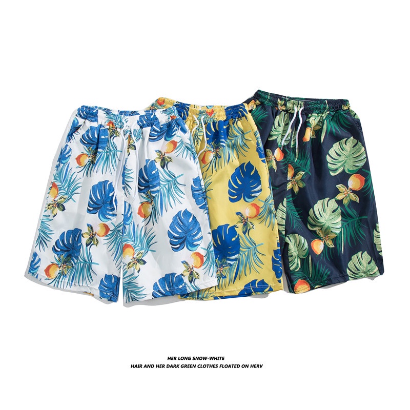 Quần Short Dây Rút Dáng Rộng Thoáng Khí In Họa Tiết Hoa Lá Phong Cách Hawaii Thời Trang Mùa Hè Cho Nam