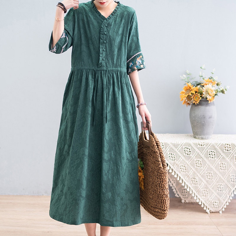 Đầm Dài Vải Lanh Cotton Dáng Rộng Tay Lửng Thêu Nhãn Hàng Nhập Khẩu Lớn Cắt May Đơn Đuôi Cá Phong Cách Retro Cho Nữ