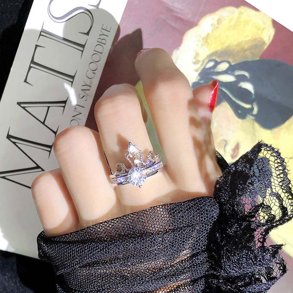 Nhẫn hở hình vương miện đính đá zircon 2 trong 1 thời trang