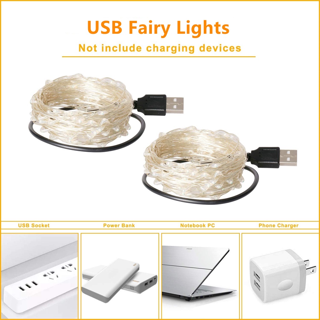 Dây đèn LED 20/ 50/ 100 bóng DC 5v 2/ 5/ 10m chống thấm nước trang trí giáng sinh