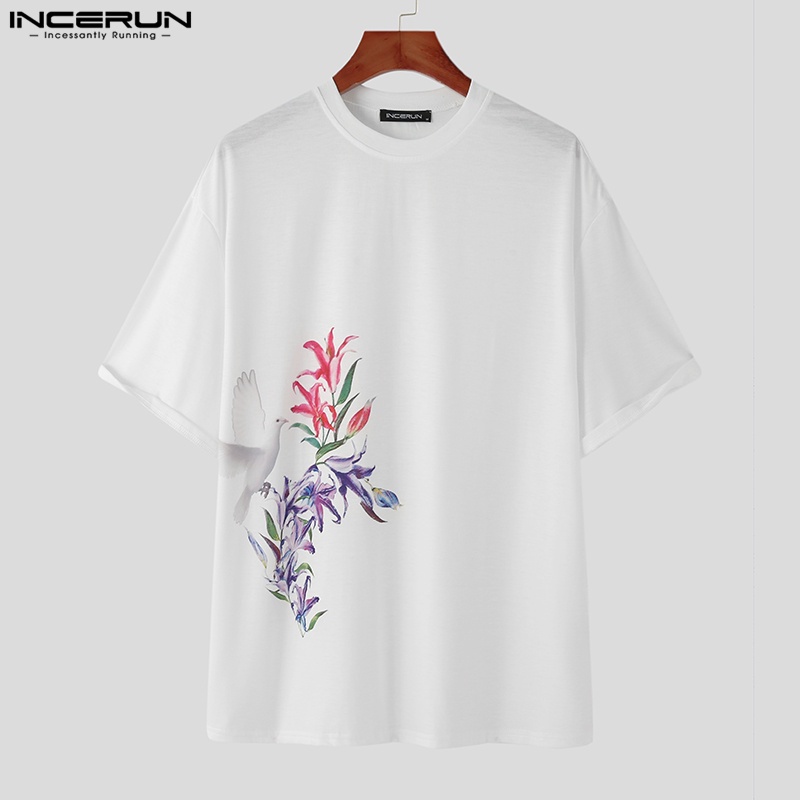 Áo thun INCERUN tay ngắn cổ tròn in hoa phong cách Hàn Quốc thời trang cho nam