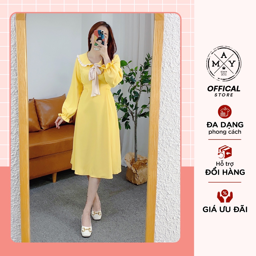 Váy Cổ Sen Viền Bèo Gắn Nơ Cổ MAY.SINCE2011 Thiết Kế Ôm Trên Vạt Váy Xòe Chất Liệu Vải Thoáng Mát MAN01-0087 | BigBuy360 - bigbuy360.vn