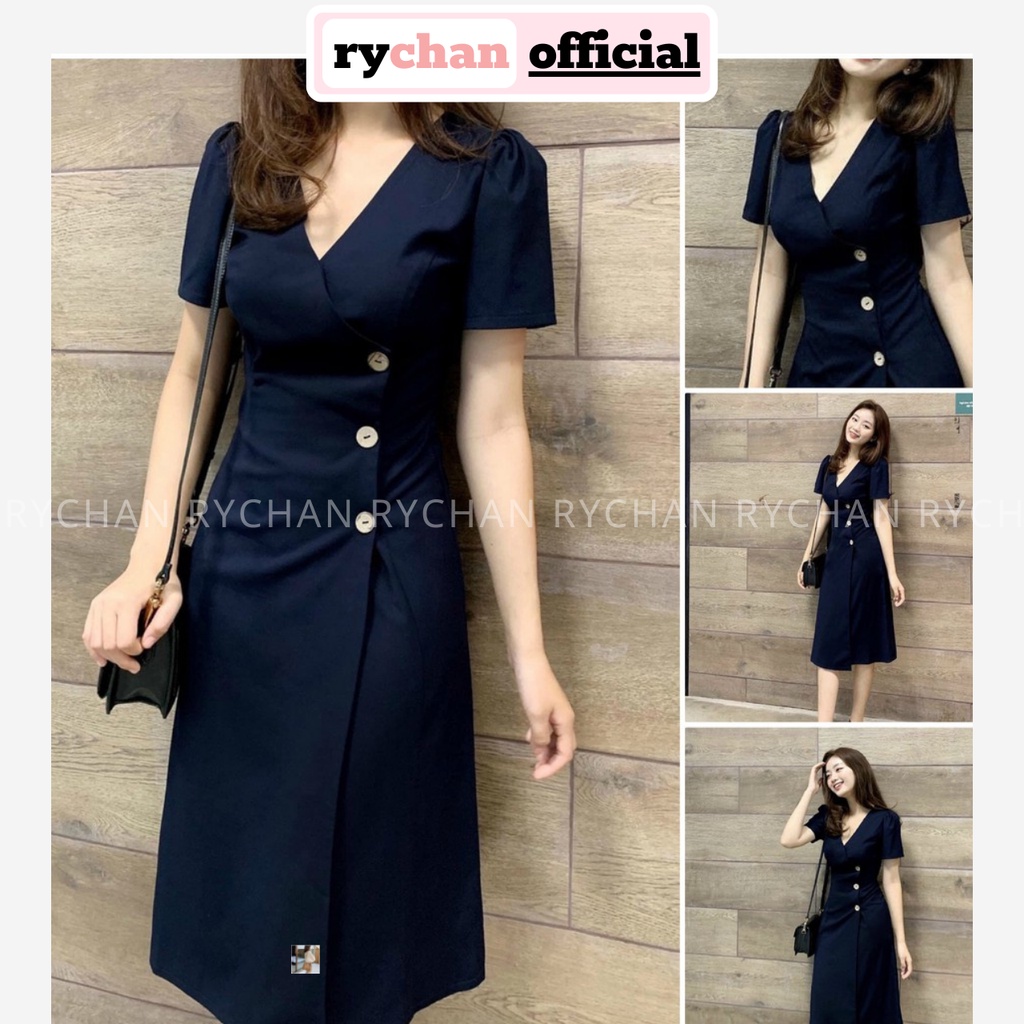 [ẢNH THẬT CUỐI] Đầm Xòe Xanh Đen Cổ V Đính Nút - DX752