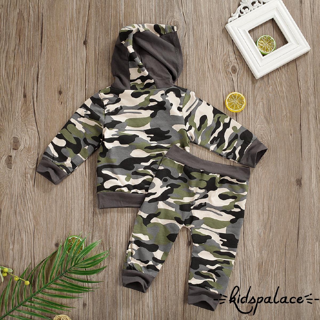 Bộ Áo Tay Dài Có Túi Giữ Ấm 2 Tay Và Nón Hoodie Kẻ Sọc+Quần Dài Vải Thun Họa Tiết Camo Cho Các Bé Nhỏ Sơ Sinh