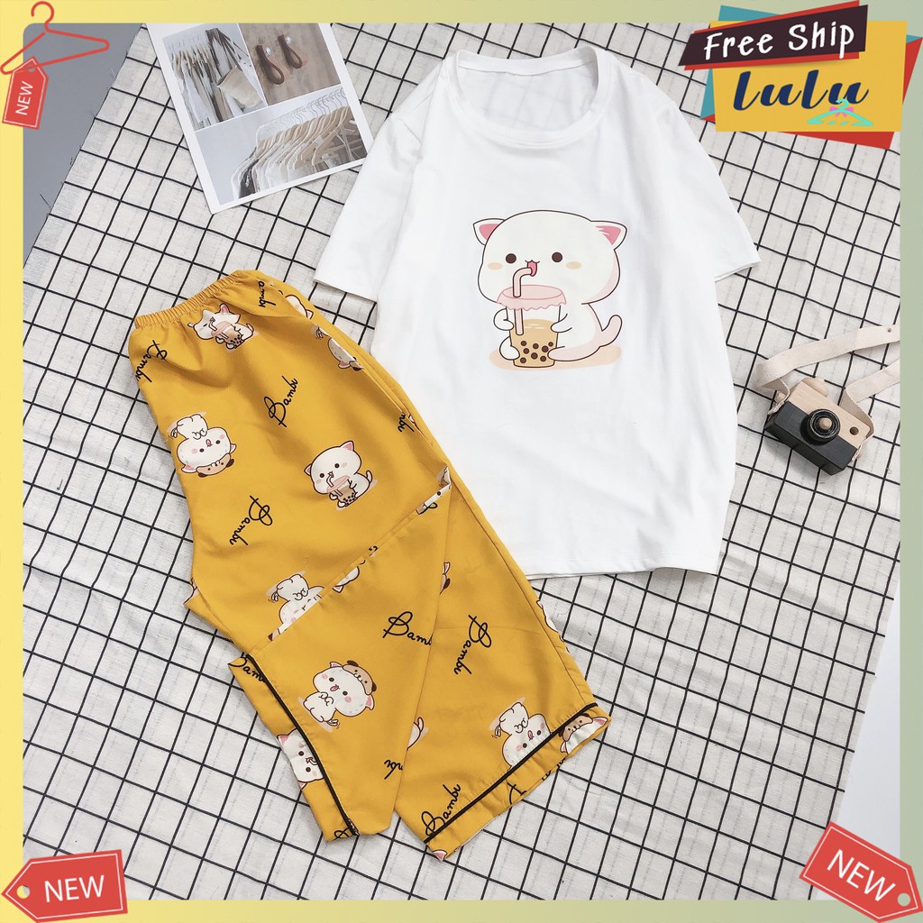 Set bộ ngủ áo thun cotton, quần lửng vải kate Thái. Set đồ bộ mặc nhà áo thun nữ FreeSize