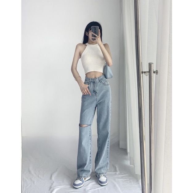 Quần Elise Jeans Suông Xanh Rách Đùi