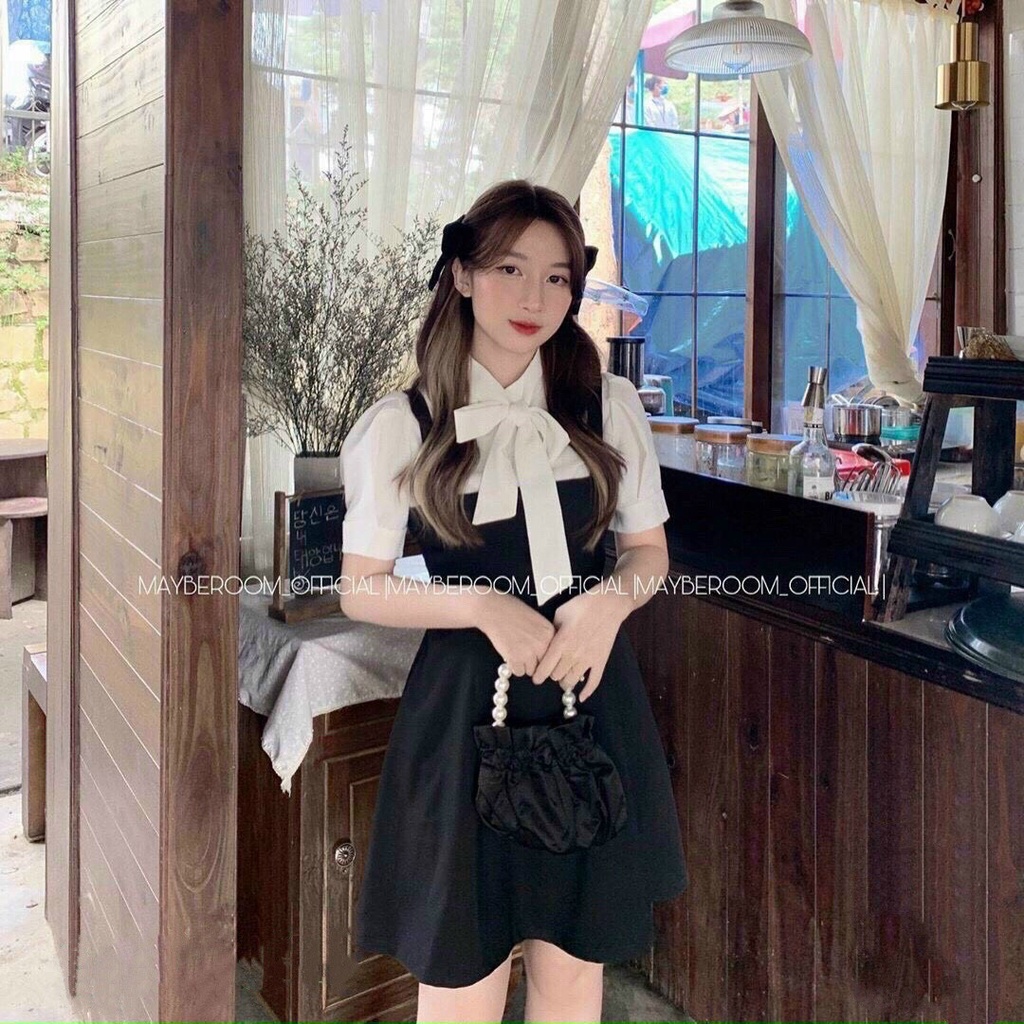Bộ Đầm Yếm Đen Nữ + Áo Sơ Mi Nơ Ngực 🦋 Set Áo Trắng Sơ Mi Cột Nơ Mix Váy Nữ 2 Dây Cộc Tay Dáng Ngắn