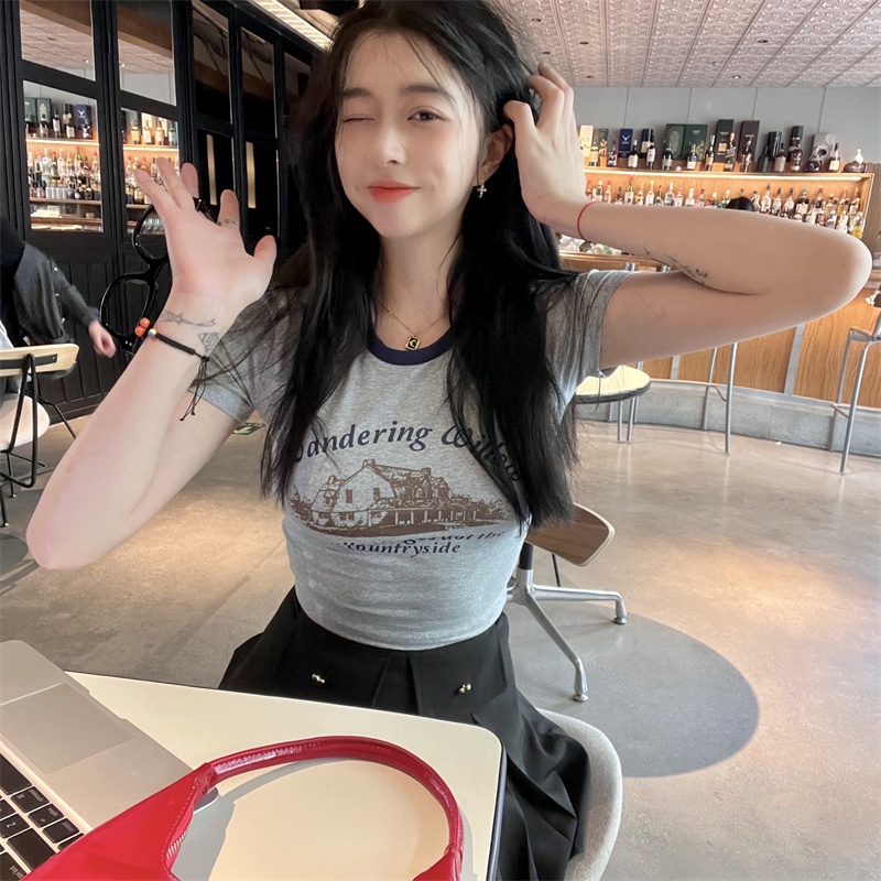 Áo Thun Croptop Cổ Tròn Tay Ngắn In Họa Tiết Thời Trang Cho Nữ