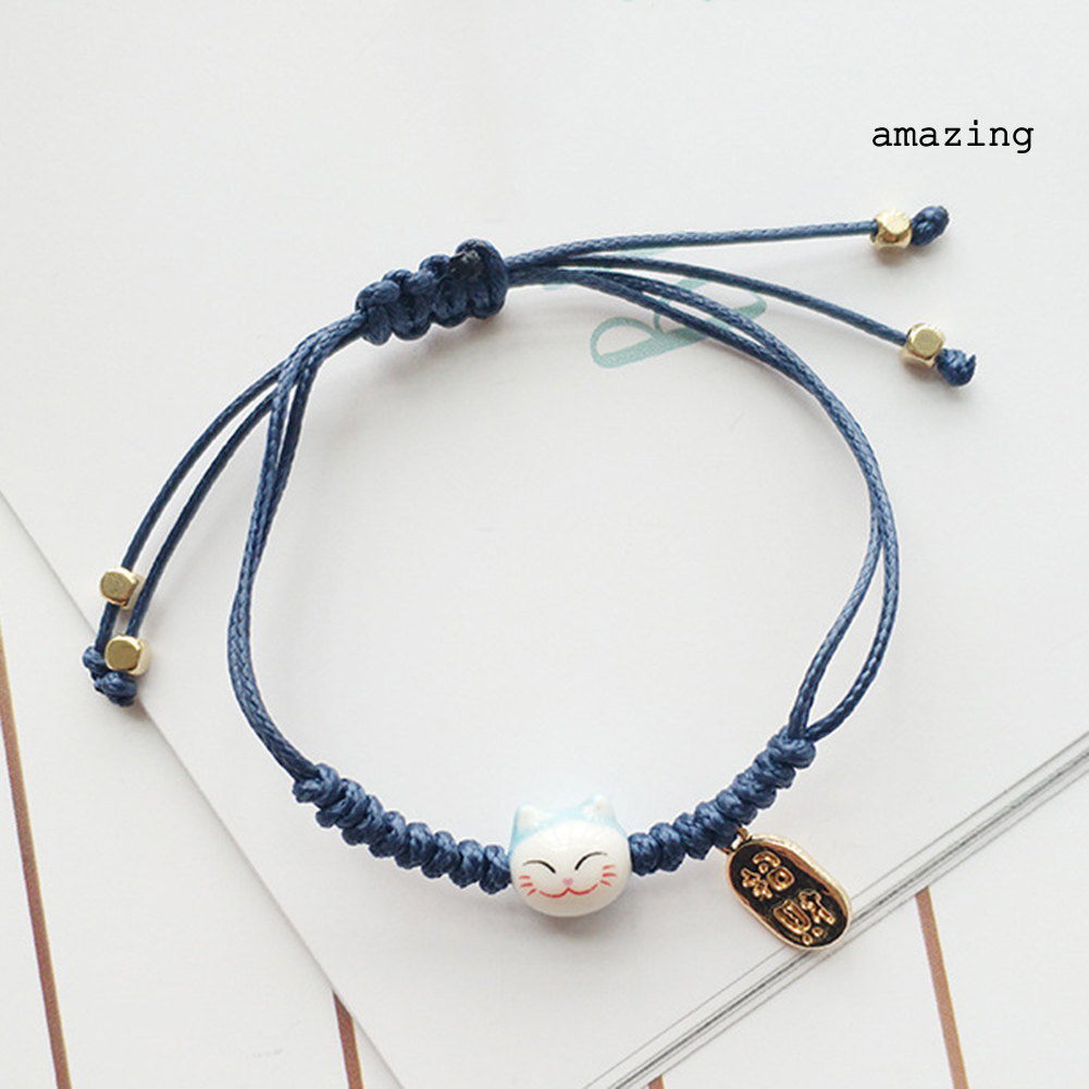 [AM] Men Women Lucky Cat Charm Slide Knot Braided Rope Bracelet Bangle Jewelry Gift