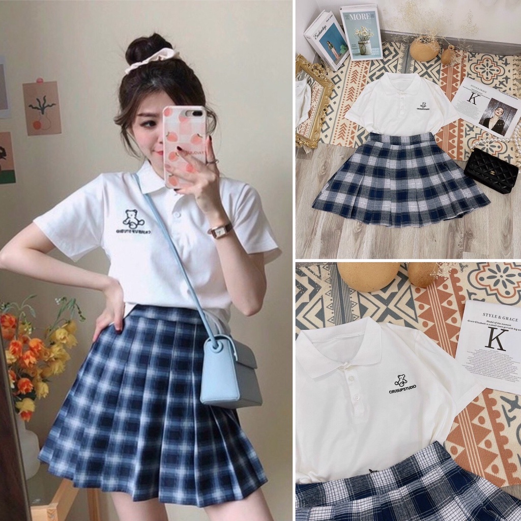 Set áo polo thêu + chân váy tennis xếp ly caro cute dễ thương kiểu quảng châu học sinh