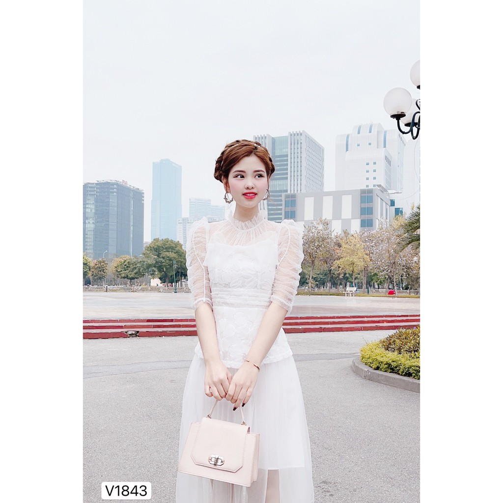 Váy trắng xòe pha voan V1843 - Đẹp Shop DVC - Kèm ảnh thật trải sàn do shop tự chụp