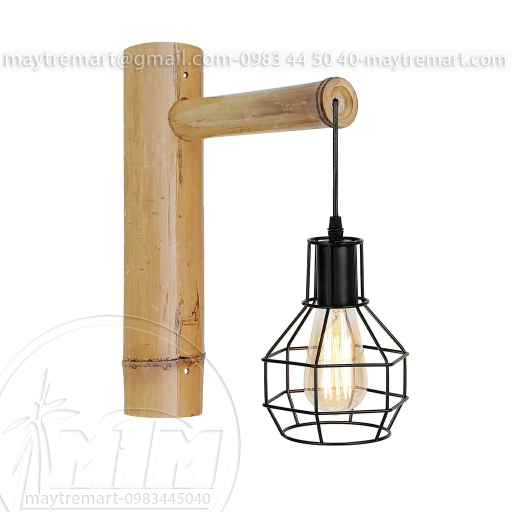 Ốp tre gắn tường thả dây đèn, chụp đèn mây tre, đèn gỗ, đèn sắt.