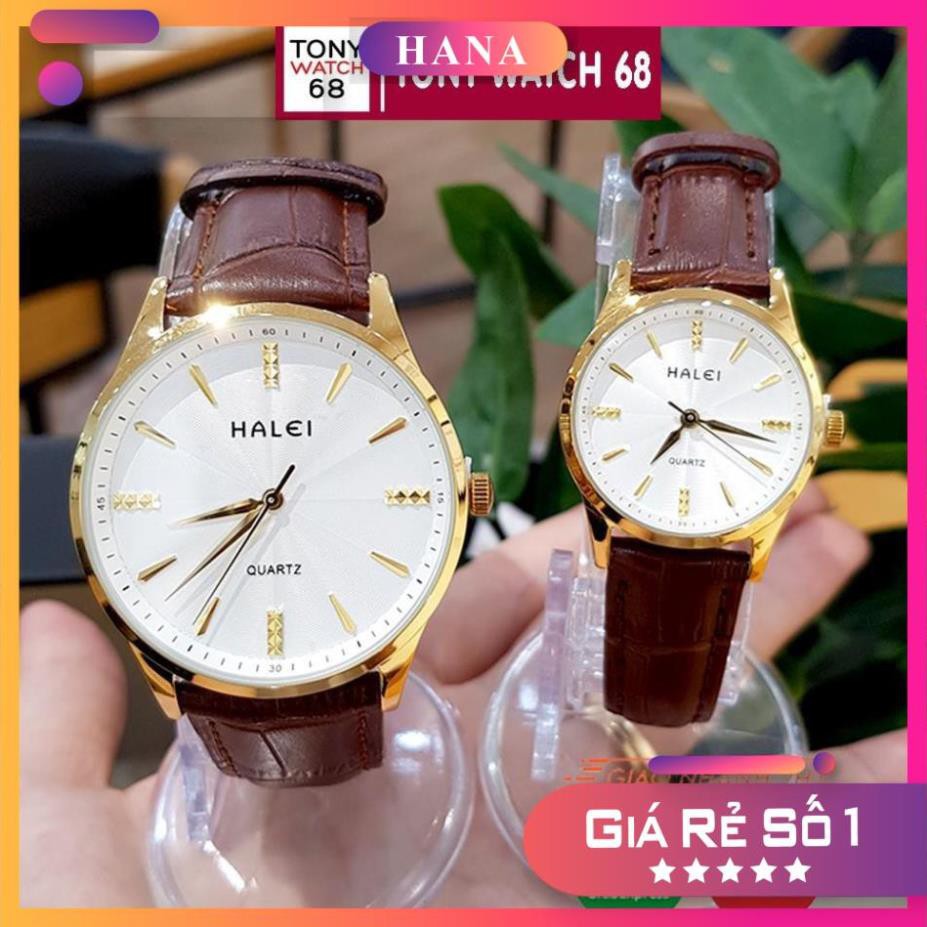 Đồng hồ cặp đôi nam nữ Halei viền vàng dây da siêu mỏng Tony Watch 68