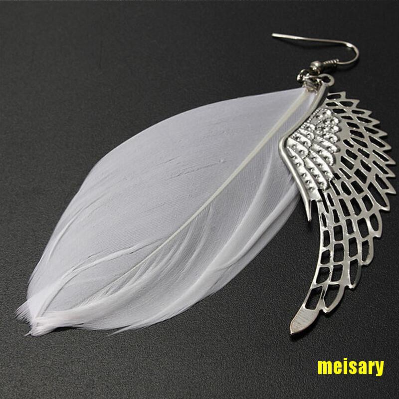 [mei] Angel Wing White Feather Dangle Earring Fashion Jewelry Long Earrings for Women eqrr