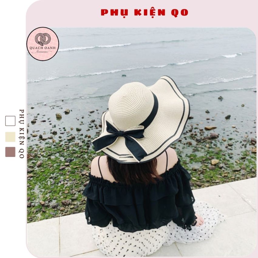 Mũ cói mềm, nón cói đi biển cho mẹ và bé vành rộng lượn sóng đai nơ phong cách vintage chống nắng – MC32