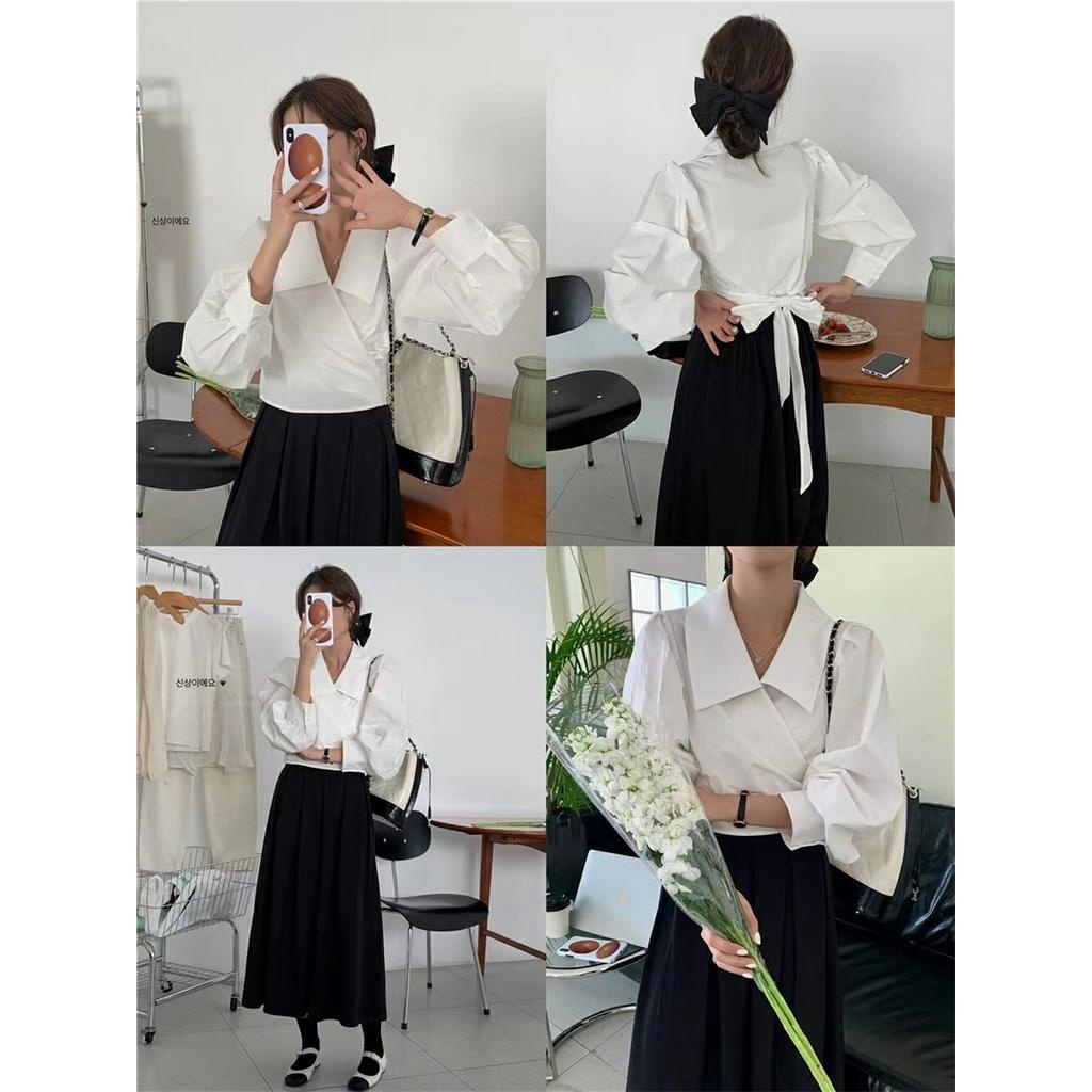 62224 Áo Sơ Mi Ngắn Thắt Nơ Chéo Màu Trơn Cỡ Lớn Kiểu Pháp