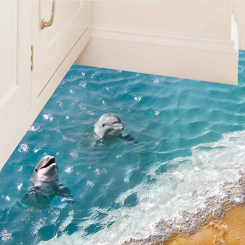 Giấy dán tường dán sàn nhà hình cá heo sao biển 3D dễ thương không thấm nước 60*90cm cho nhà tắm