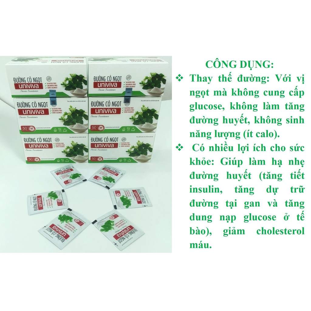 Đường cỏ ngọt UniViva - Đường ăn kiêng cho người tiểu đường, không sinh calo (Hộp 50 gói 2gram)