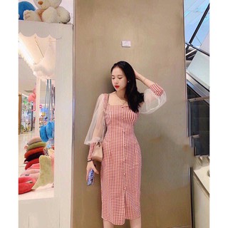 đầm caro phối tay lưới cực xinh GB15081 mới