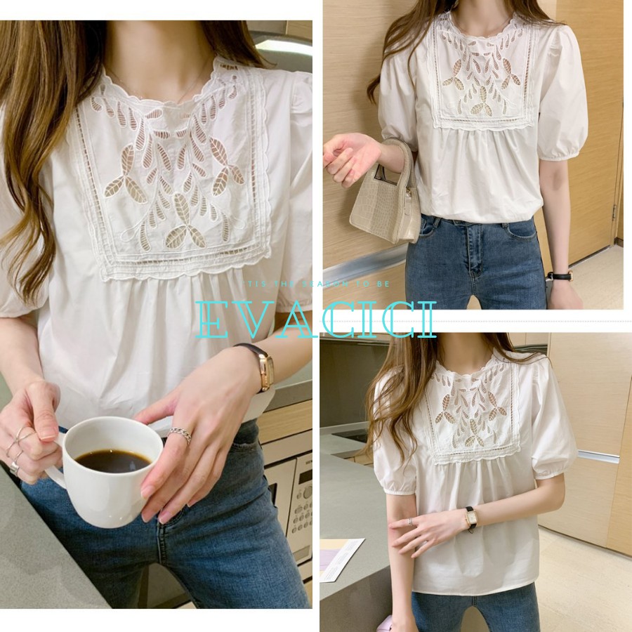 {Evacici}Áo sơ mi babydoll nữ cổ diệu. Áo sơ mi tay phồng dài tay cổ điệu