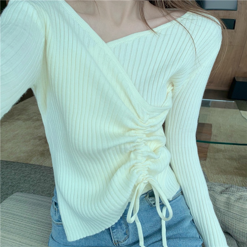 Áo len ZHELIHANGFEI dệt kim tay dài cổ chữ V phối dây rút thiết kế lệ