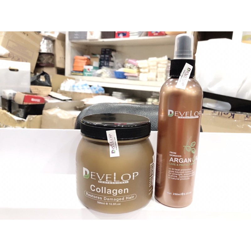 COMBO Hấp dầu và sữa dưỡng phục hồi tóc nát siêu mềm mượt Develop 500ml