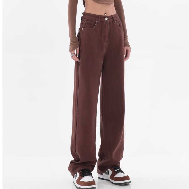 Quần jeans nâu cạp cao, quần jeans nữ dài ống rộng phong cách_j27