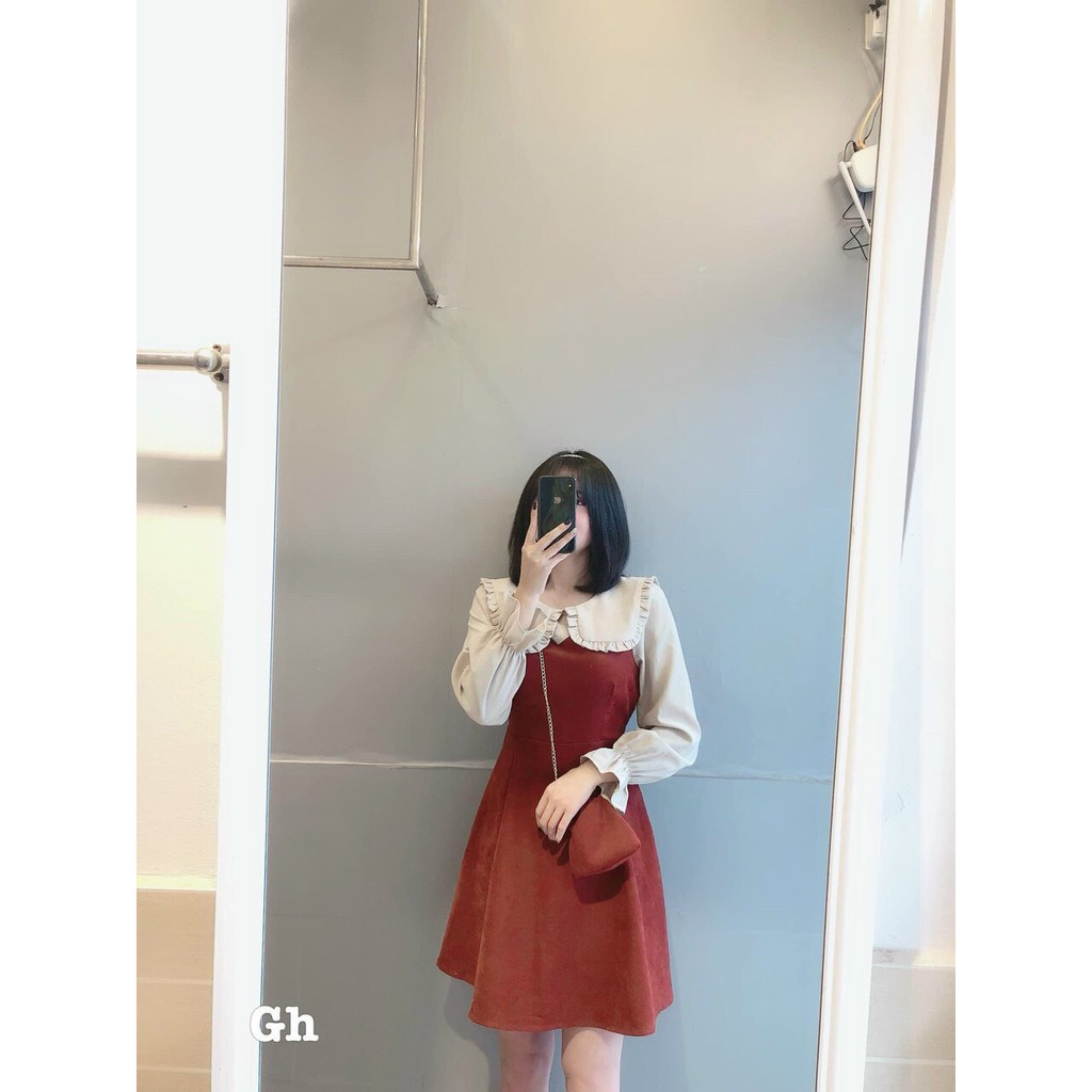 Đầm Xòe Tay Bồng Phối Màu Cổ Bèo, Váy Xòe Dáng Vintage Chất Nhung Tăm Kèm Túi Dây Xích Thời Trang Thu Đông Sang Chảnh