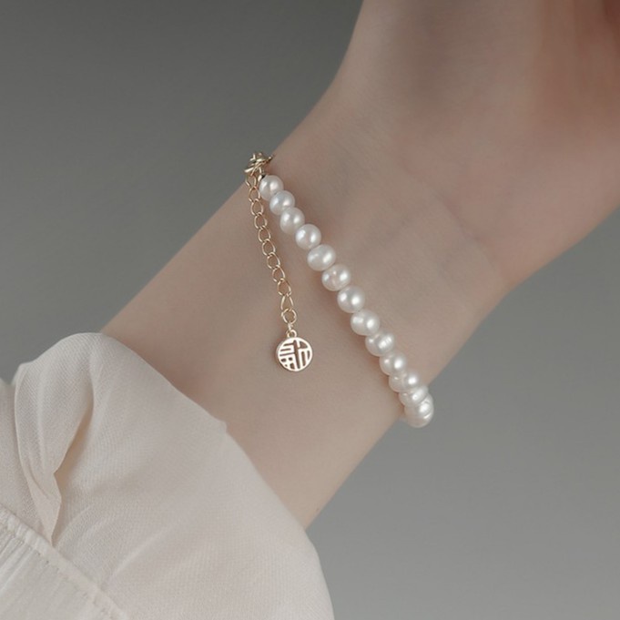 Vòng tay ngọc trai nước ngọt nhân tạo bạc 925 nữ tính 2 màu bạc vàng | HARMONY ACCESSORIES VT36