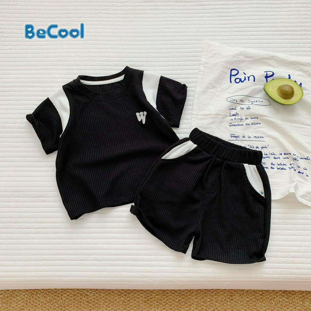 Đồ Bộ Cộc Tay Cho Bé Trai BECOOL Thêu W Chất Thun Tổ Ong Cao Cấp Cho Bé Từ 10-26kg