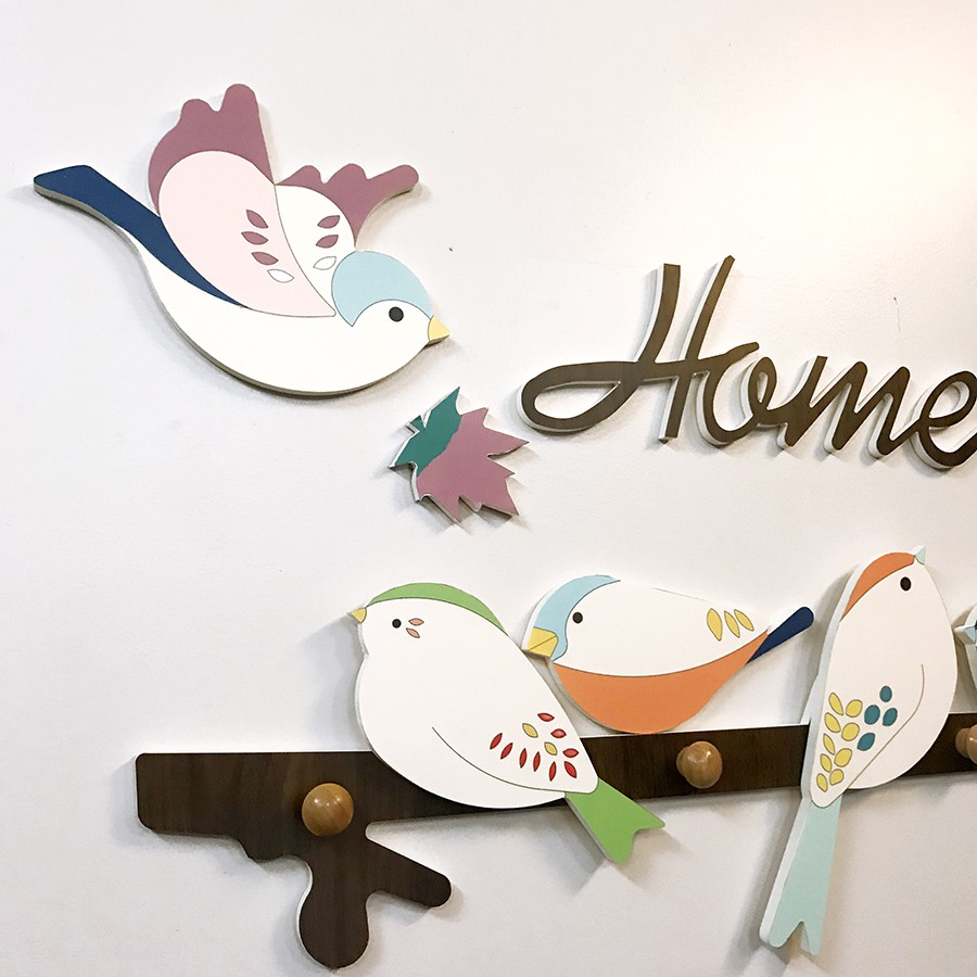 Set tranh đa năng Happy Birds kết hợp thanh treo đồ trang trí phòng khách - Tặng kèm băng dính nano 3M và đinh vít