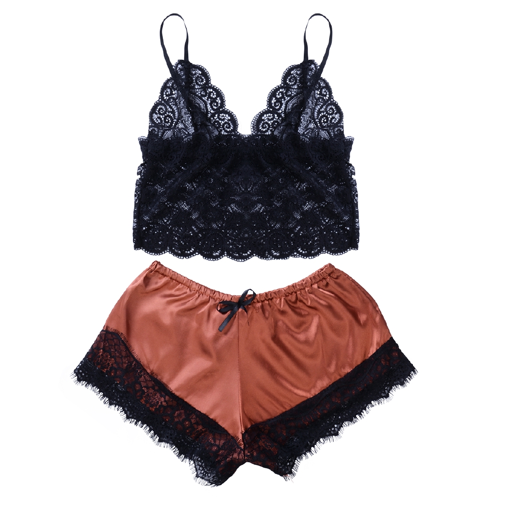 Set Đồ Ngủ 2 Dây Vải Satin Phối Ren Quyến Rũ Cho Nữ