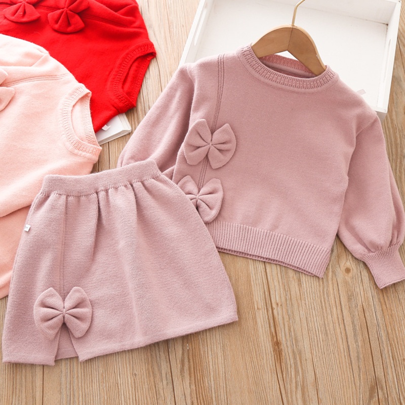 Bộ Áo Sweater Dệt Kim Giữ Ấm Đính Nơ Phối Chân Váy Dễ Thương Thời Trang Thu Đông Cho Bé Gái