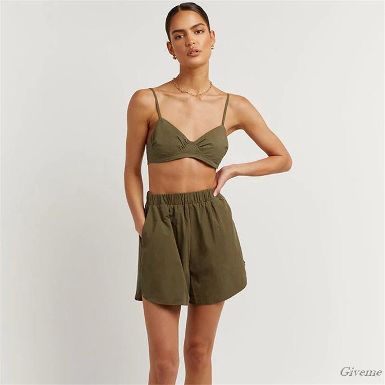 Set Đồ 3 Món Gồm Áo Hai Dây Màu Trơn/Áo Ngực/Quần Short Lưng Thun Cho Nữ