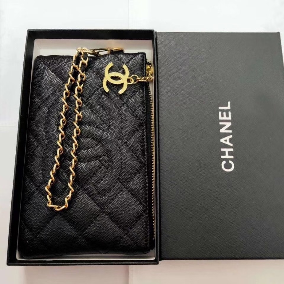 CHANEL Caviar leather clutch Chain wristlet bag With box women purse