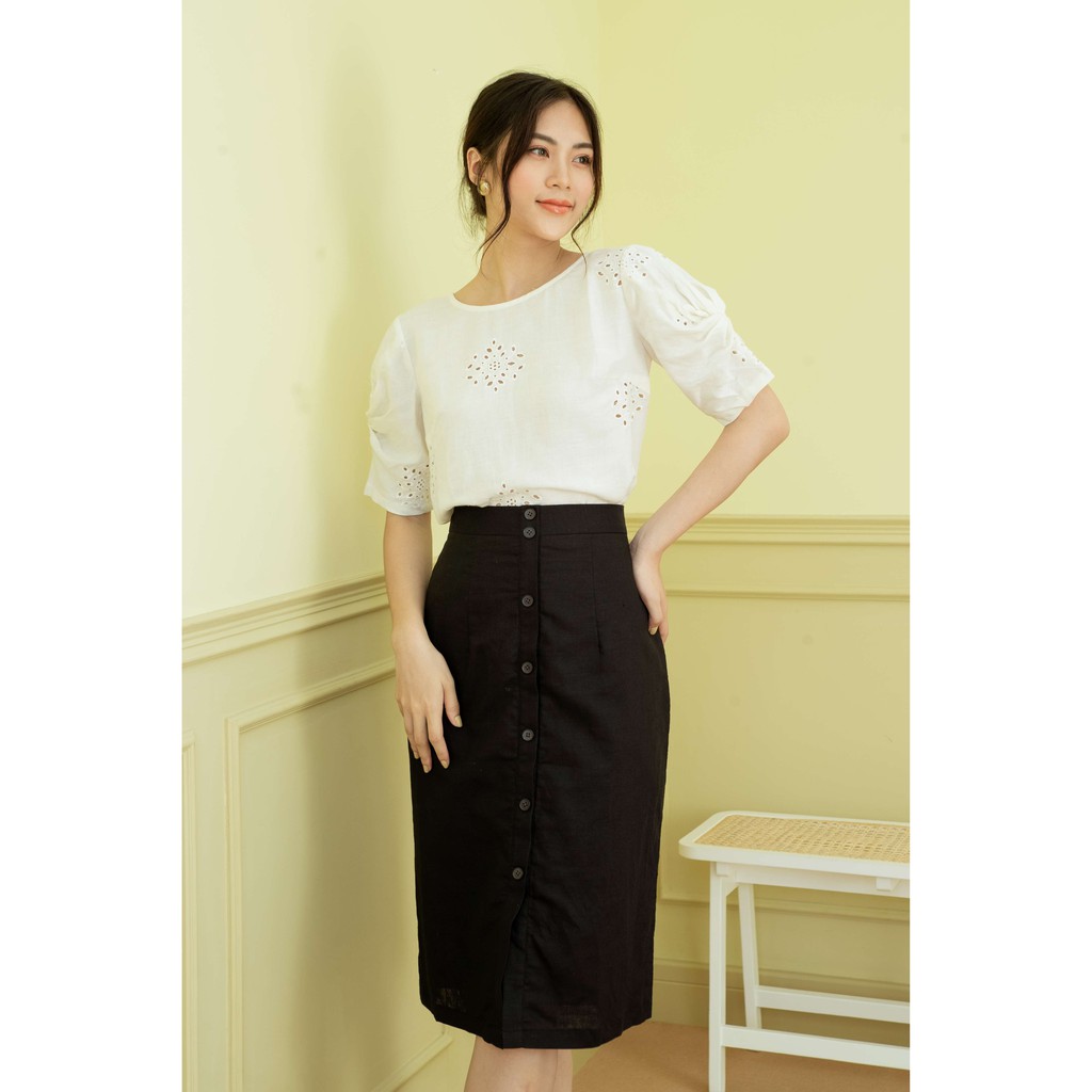 Áo linen tay xoắn thêu VANIA - A20077TRA công sở