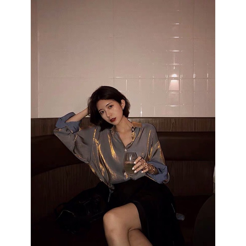 ❇❁✨ Áo sơ mi lụa phi bóng màu ghi xanh nhũ vàng sang xịn hot 2020- kèm ảnh thật