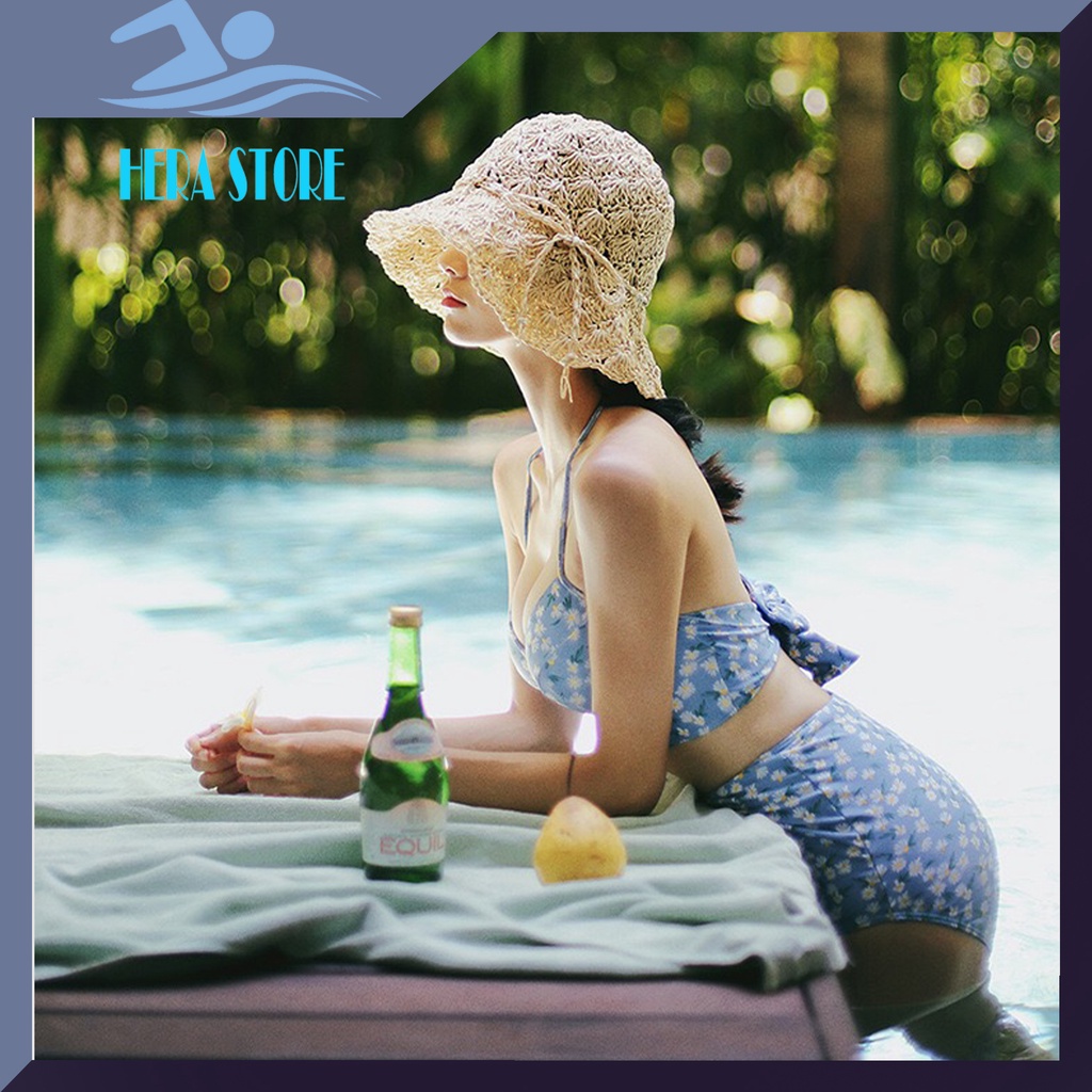 Bikini tắm biển hai mảnh xanh lam, họa tiết hoa cúc STORE HERA BKN07