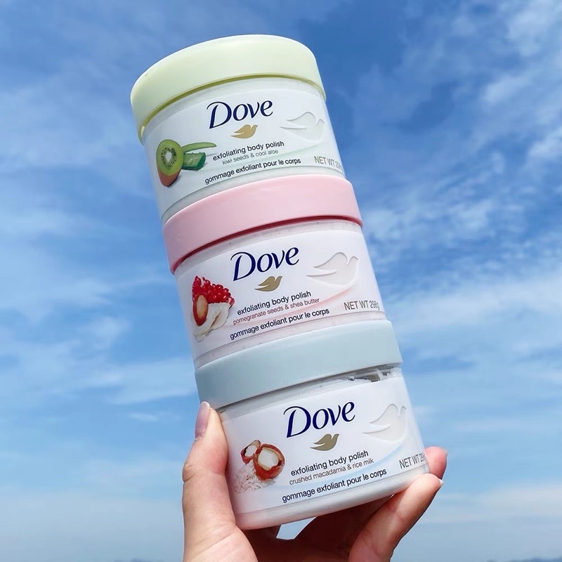 Tẩy tế bào chết Dove Exfoliating Body Scrub bơ hạt lựu, hạt macca &amp; sữa gạo hũ 298g