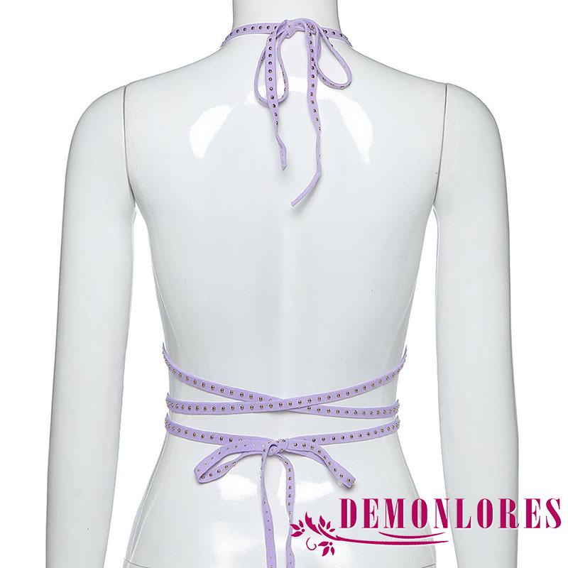 Áo Croptop Buộc Dây Không Tay Hở Lưng Đính Đinh Tán Cá Tính Cho Nữ