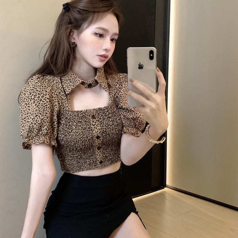 Áo Sơ Mi Tay Ngắn Phồng Cổ Bẻ Quyến Rũ Thời Trang Hè Cho Nữ