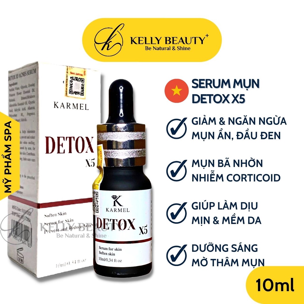 Serum Mụn Detox X5 KARMEL 10ml – Giải Quyết Mụn Ẩn, Đầu Đen; Da Nhiễm Corticoid; Sáng Da, Mờ Thâm Mụn | Kelly Beauty