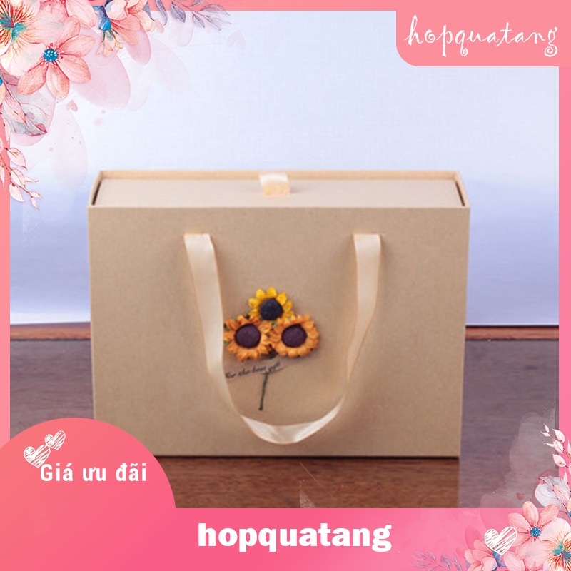 Hộp Quà Tặng Kèm Túi Màu Kraft Gắn Hoa Dạng Kéo Cao Cấp