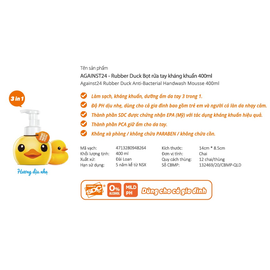 Bọt rửa tay kháng khuẩn Rubber Duck 400ml-AGAINST24 | BigBuy360 - bigbuy360.vn