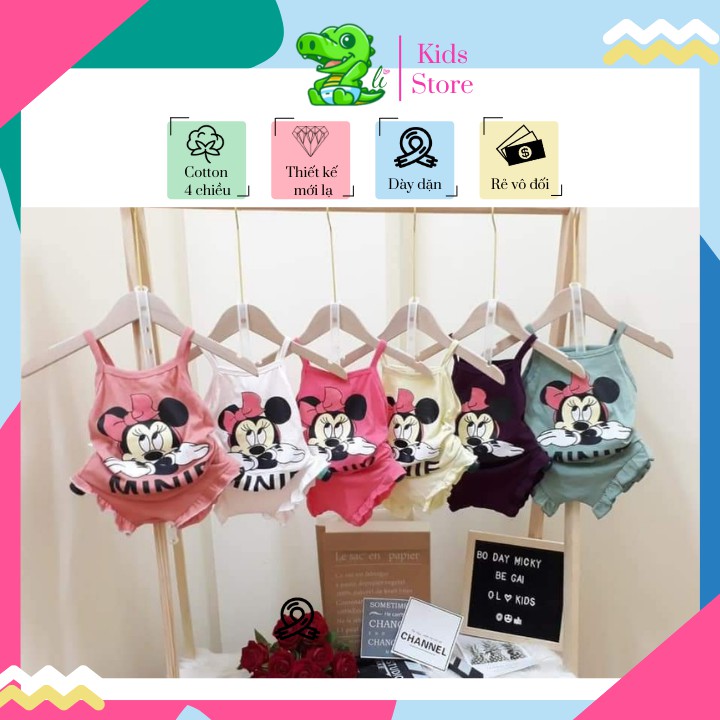 Đồ bộ bé gái, bộ quần áo gồm áo hai dây mickey và quần mông thú chất liệu cotton nhiều màu cho bé gái 1 - 5 tuổi B012