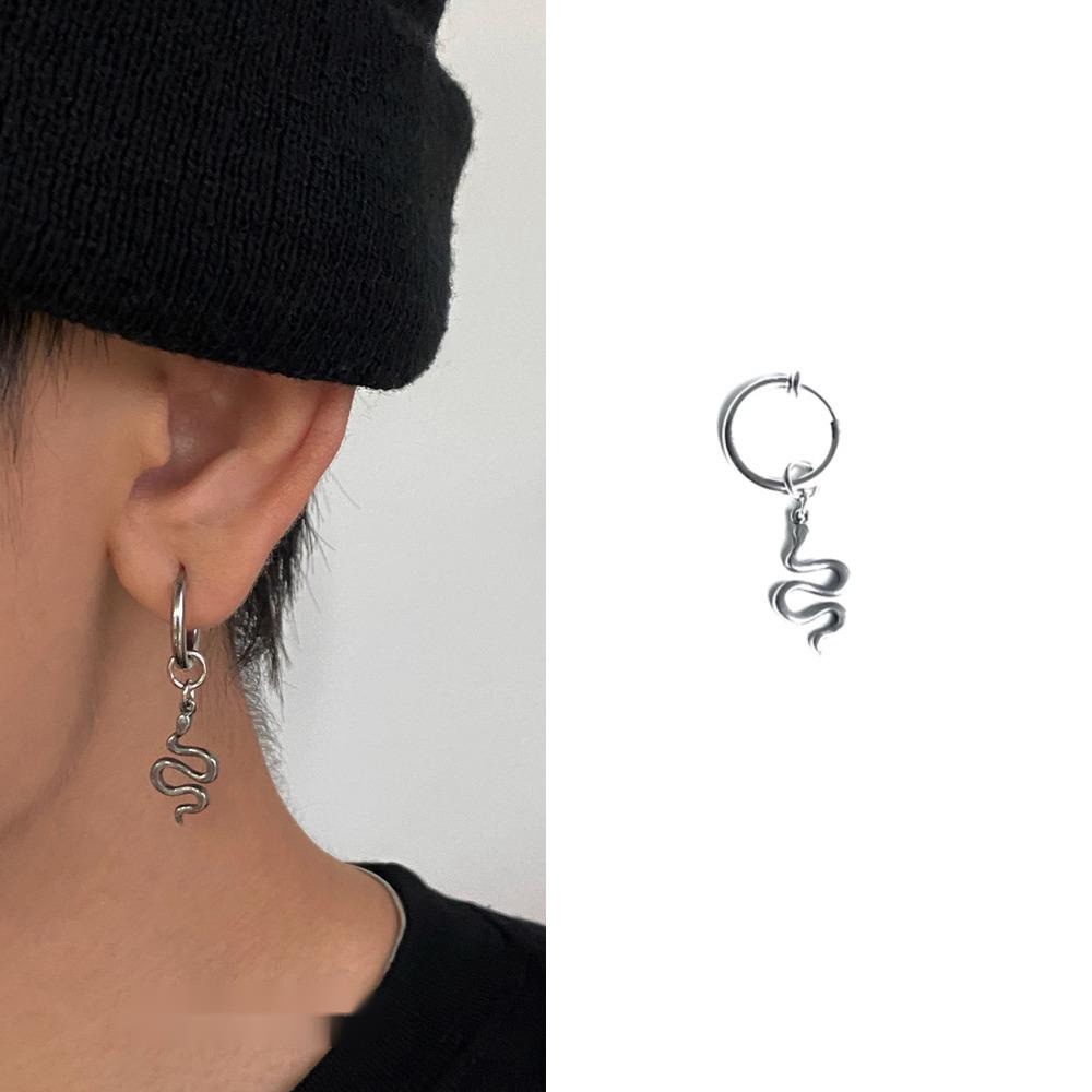 Khuyên Tai Thép Titan Không Cần Xỏ Lỗ Thiết Kế Hình Rắn Phong Cách Hip Hop Mới Cho Nam