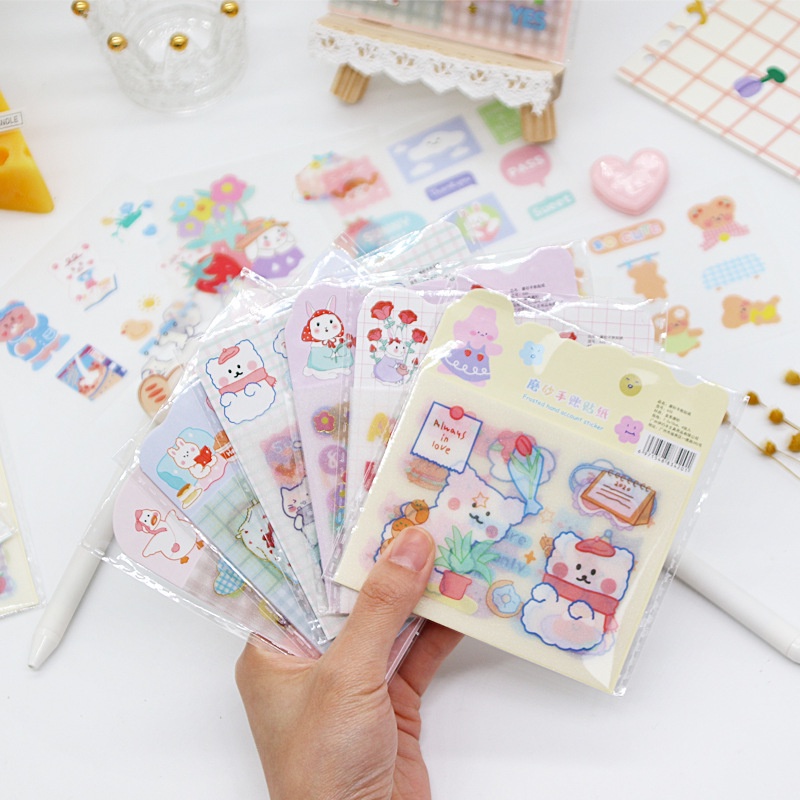 Set 4 tờ sticker dạng washi nhám độc đáo thỏ, gấu, bong bóng trò chuyện hoạt hình dễ thương