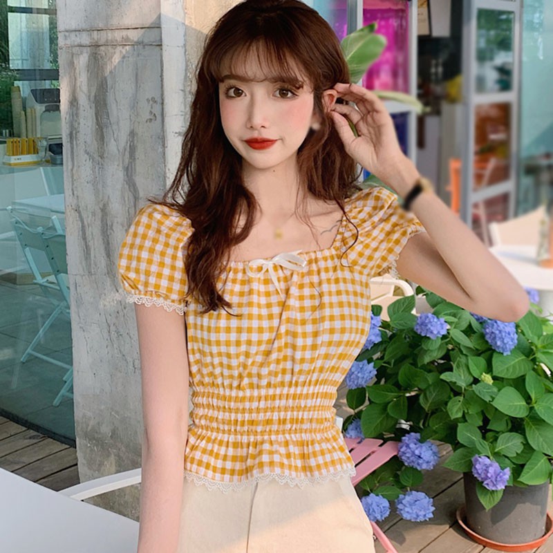 Áo Tay Phồng Cổ Vuông Họa Tiết Ca Rô Xinh Xắn Dễ Thương Dành Cho Nữ