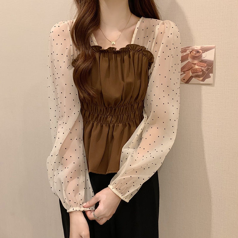 Áo Kiểu Dài Tay Cổ Vuông Họa Tiết Chấm Bi Thiết Kế Mới Thời Trang Mùa Thu Dành Cho Nữ